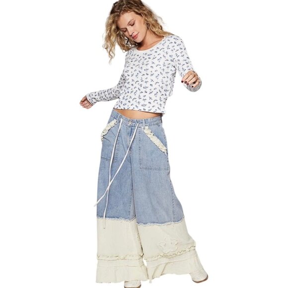 POL Light Wash Denim Patchwork Wide Leg Pants Small New - Picture 2 of 15